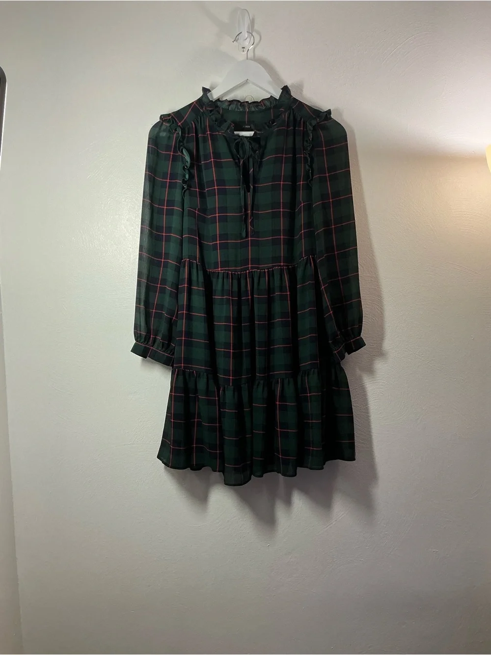 J. Crew Dark Green Plaid Ruffle-Trim Tiered Dress Size Small Petite